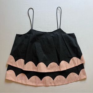 AZULU black pink scallop contrast tiered ruffle cropped boxy tank top